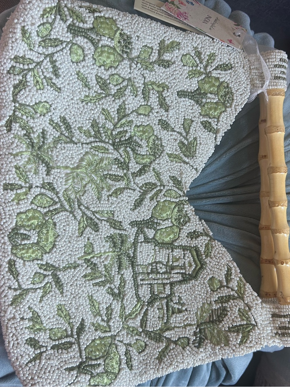 Beaded White and Green Floral Clutch with Bamboo Handle